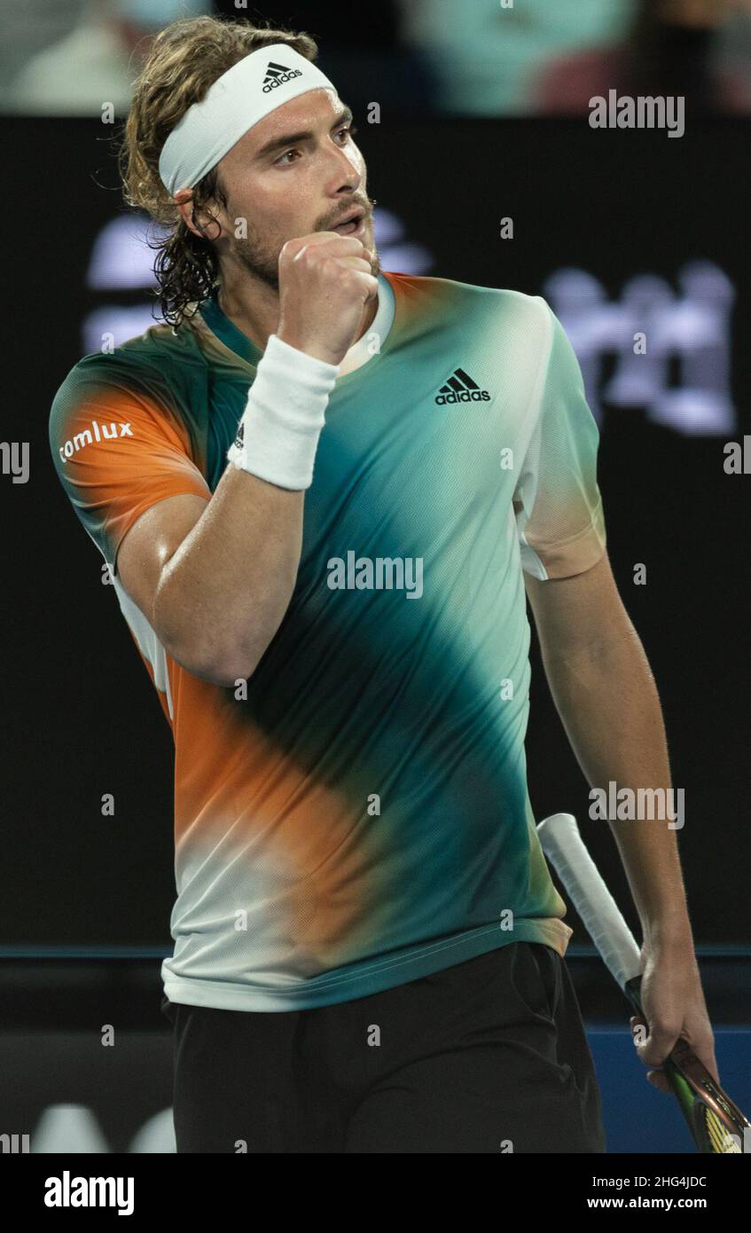 Melbourne, Australia. 18th Jan, 2022. Stefanos Tsitsipas of Greece reacts  during the Men's Singles first round match against Mikael Ymer of Sweden at  Australian Open in Melbourne Park, in Melbourne, Australia, Jan.