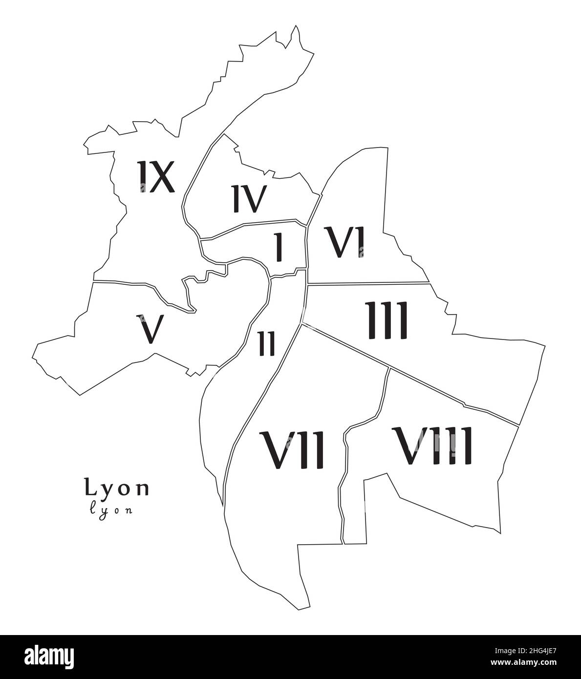 Lyon city with boroughs and titles outline map Stock Vector Image & Art