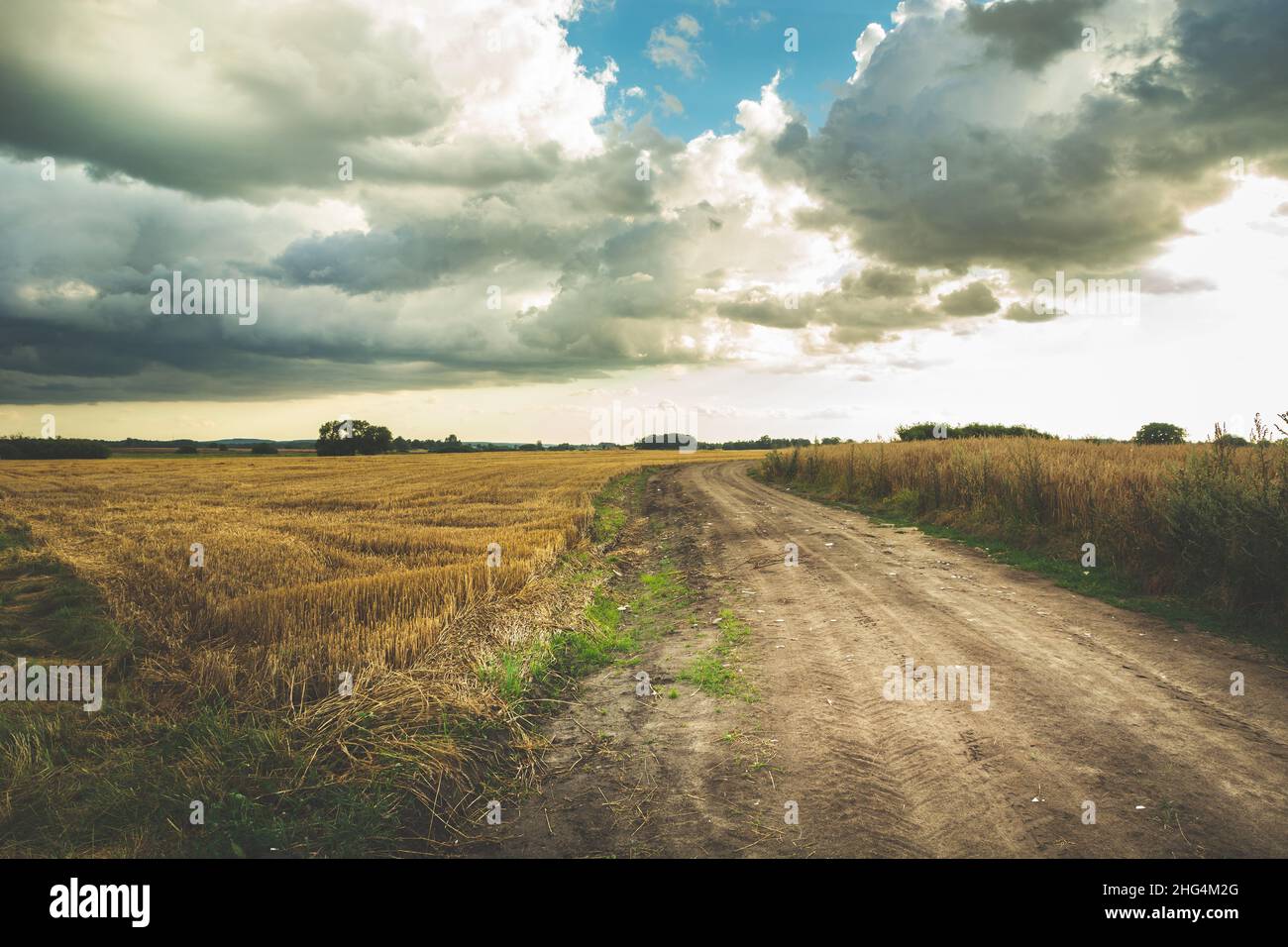 Rural road through farmland and clouds to the sky, summer view Stock Photo