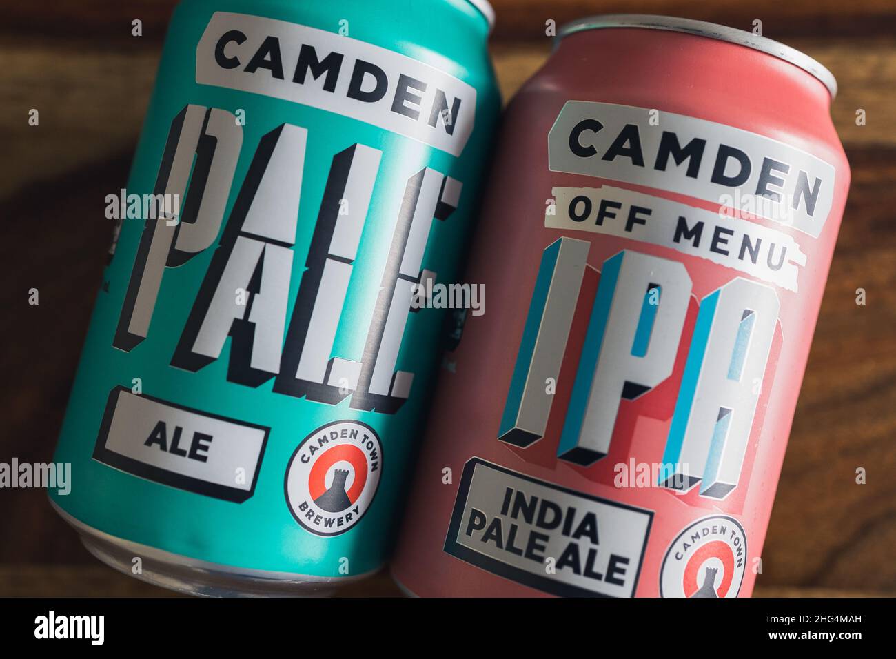 LONDON - JANUARY 18, 2022: Camden craft beer pale ale cans Stock Photo