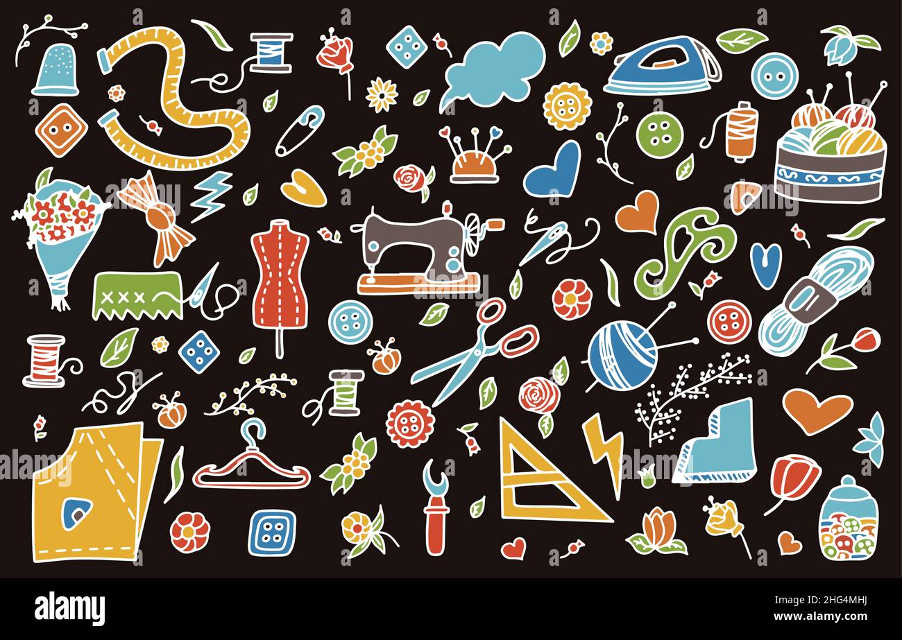 Big vector doodle sewing set. Vector tailoring tools icons. Sewing ...