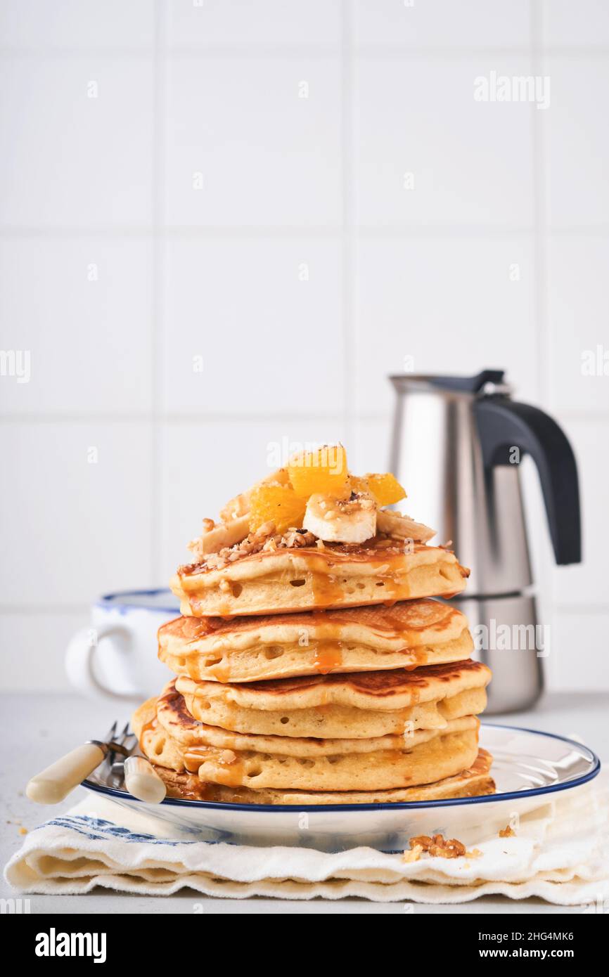 Pancakes Homemade Fluffy Pancake With Banana Walnut And Caramel For Breakfast On Light Concrete Background Delicious Pancakes For Traditional Ameri Stock Photo Alamy