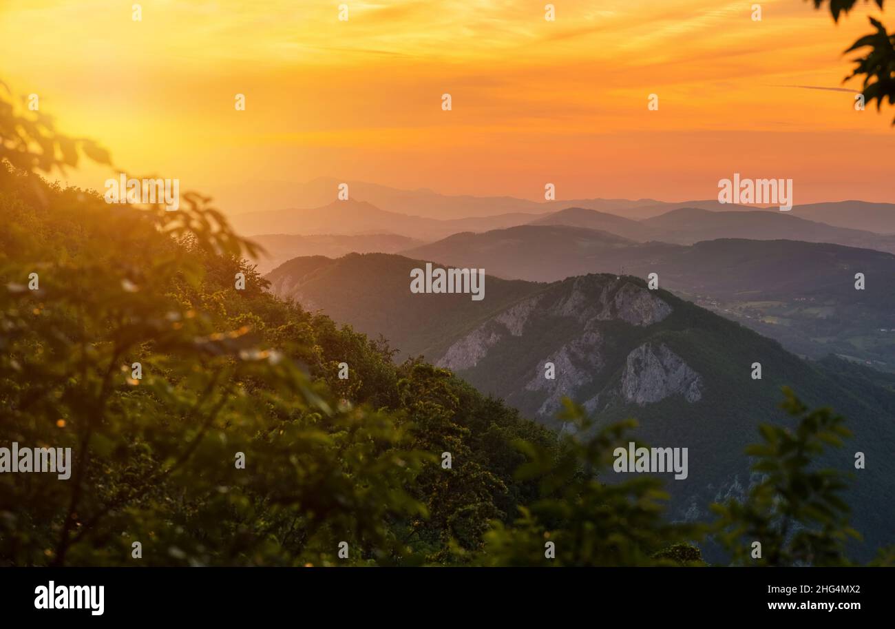 Sunset view from Serbian mountain Ovcar Stock Photo