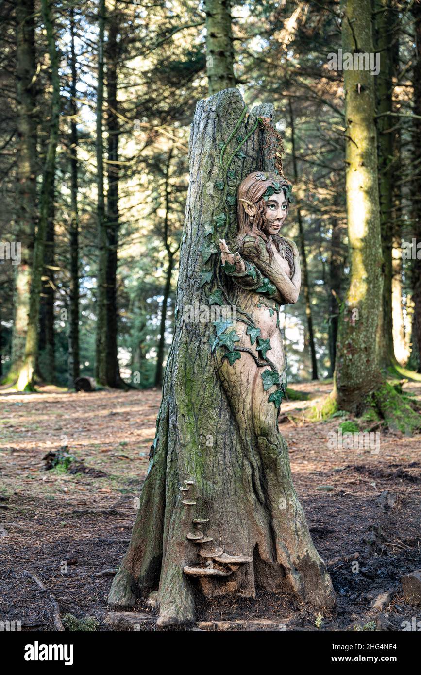 Dryad, ( nymph ) sculpture by Victoria Morris and Lee Nicholson, Pendle sculpture trail, Barley, Lancashire, UK. Stock Photo