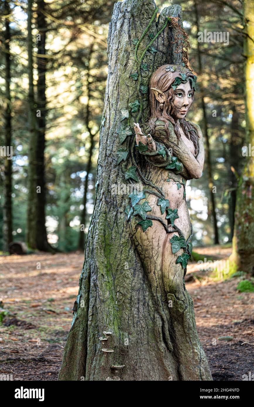 Dryad, ( nymph ) sculpture by Victoria Morris and Lee Nicholson, Pendle sculpture trail, Barley, Lancashire, UK. Stock Photo