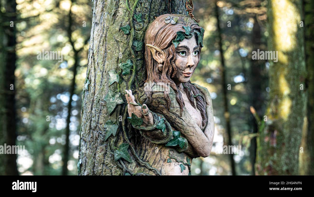 Dryad, ( nymph ) sculpture by Victoria Morris and Lee Nicholson, Pendle sculpture trail, Barley, Lancashire, UK. Stock Photo
