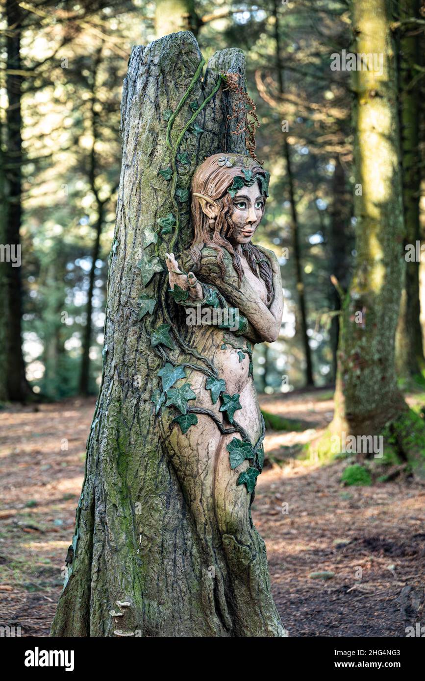 Dryad, ( nymph ) sculpture by Victoria Morris and Lee Nicholson, Pendle sculpture trail, Barley, Lancashire, UK. Stock Photo