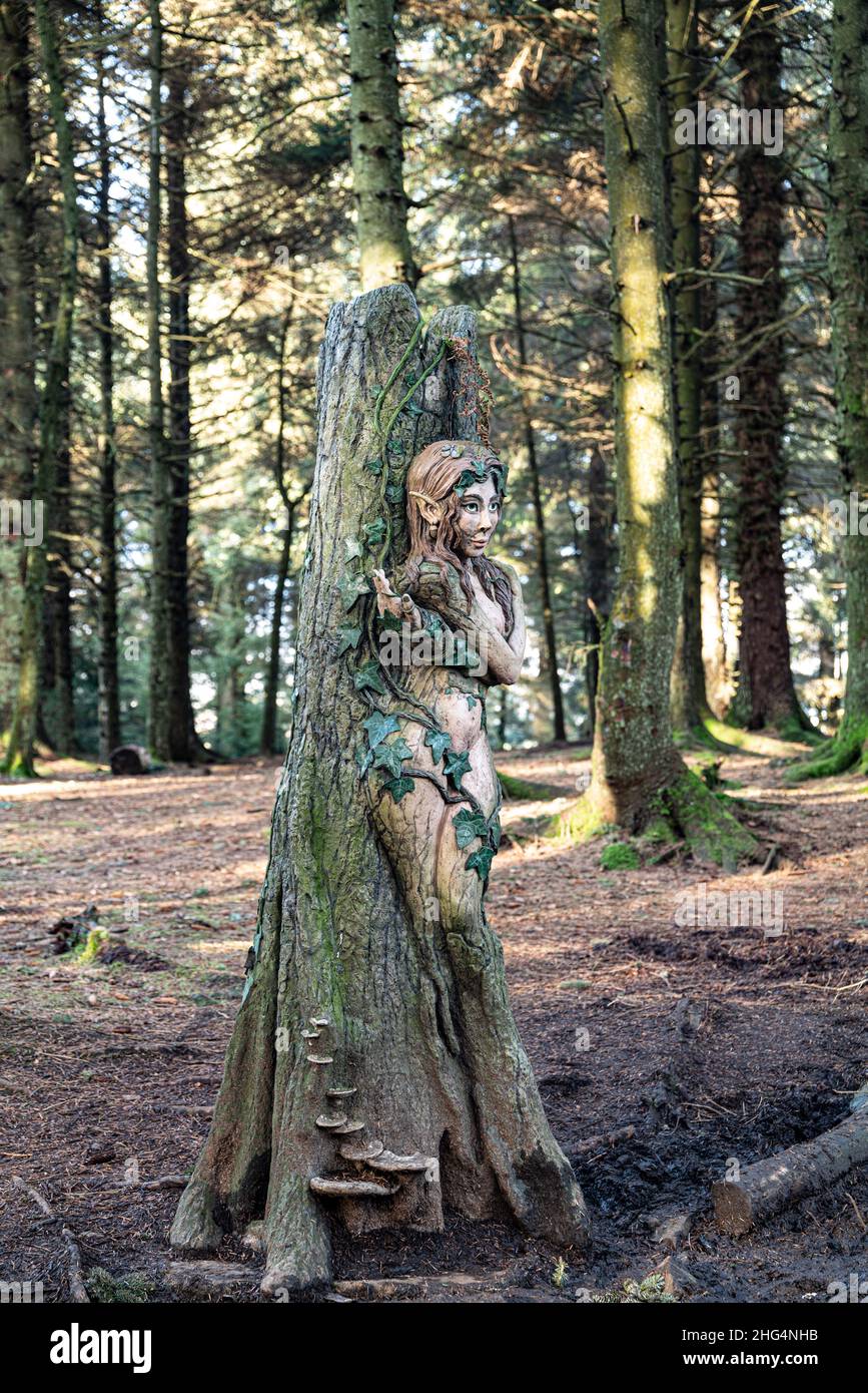 Dryad, ( nymph ) sculpture by Victoria Morris and Lee Nicholson, Pendle sculpture trail, Barley, Lancashire, UK. Stock Photo