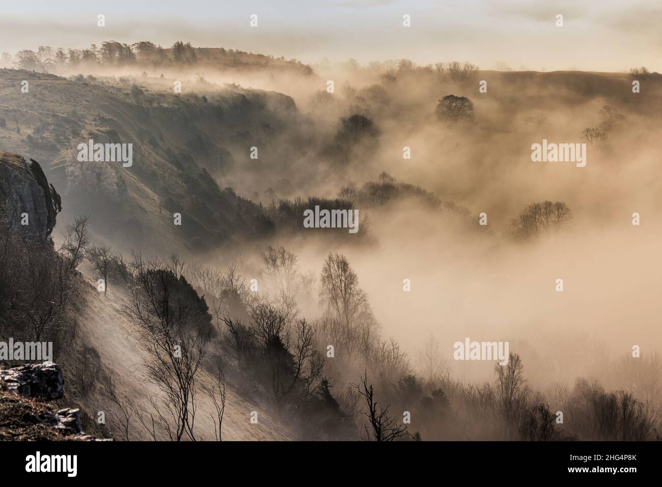 Scout Scar, Cumbria, England, as the sun broke through the mist 18th January 2022.  Taken from the edge of the cliffs looking eastwards with the winters sun low over the horizon, picking out the trees in the mist.. Credit: Russell Millner/Alamy Live News Stock Photo