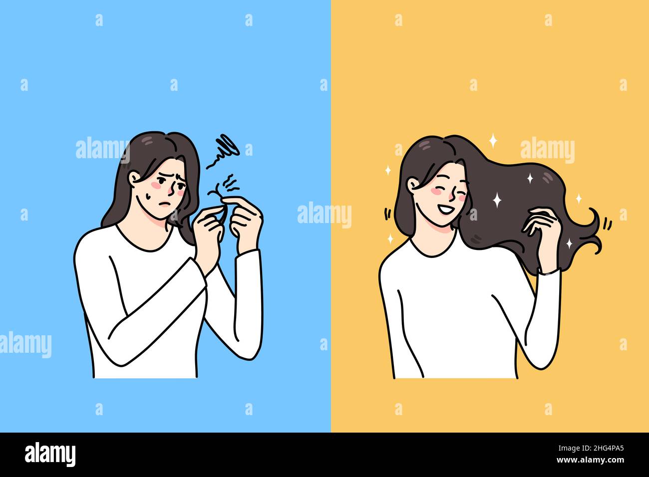 Woman before and after good quality hair salon treatment. Girl with split ends get saloon keratin procedure smoothing and rejuvenation procedure. Beauty and cosmetic. Vector illustration.  Stock Vector