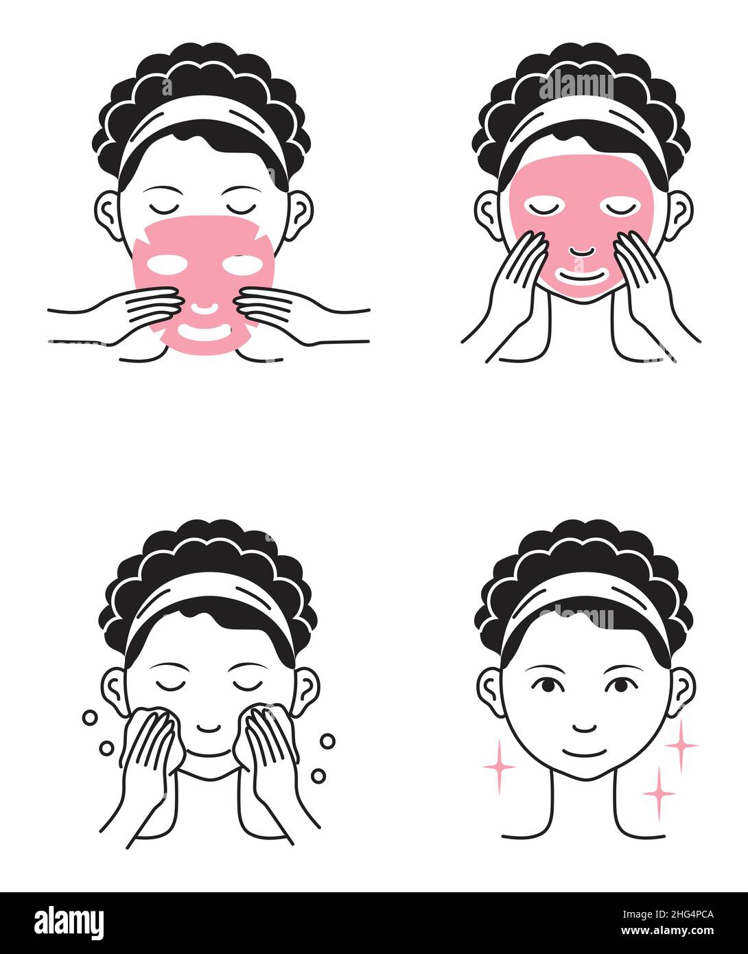 Facial mask sheet applying steps vector. Girl shows steps descriptions