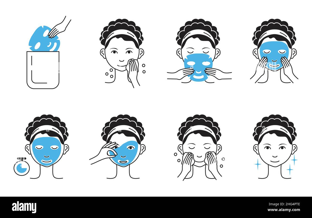 Facial mask sheet applying steps vector. Girl shows steps descriptions