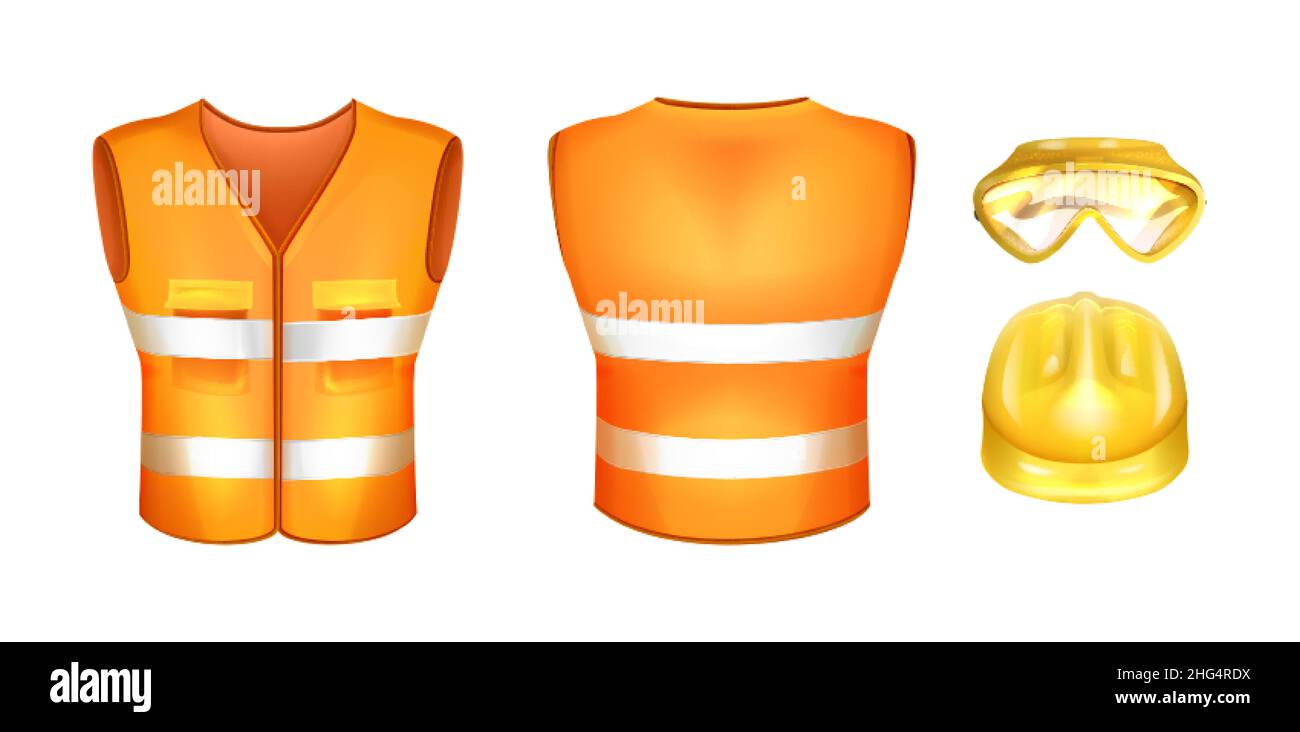 Realistic orange safety vest with reflective stripes and hard hat. Construction helmet and glasses. Personal protective equipment and hi-vis uniform for workers. High visibility uniform with tapes. Stock Vector