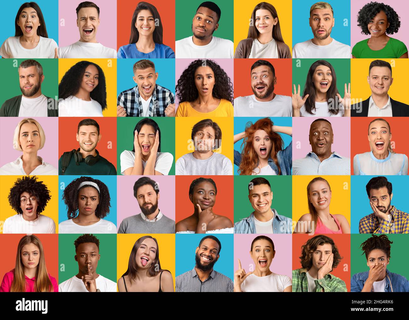 Portraits collage of multinational men and women expressing various ...