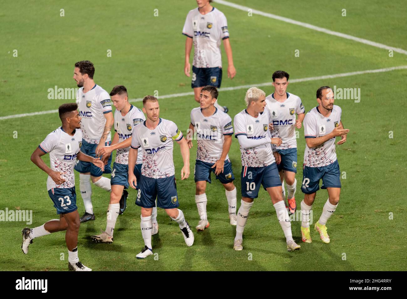 Marcos Urena (12) of the Mariners celebrates with team mates after scoring a goal during the FFA Cup 2021 Semi Final match between Sydney FC and Central Coast Mariners at Netstrata Jubilee Stadium on January 18, 2022, in Sydney, Australia. (Editorial use only) Stock Photo