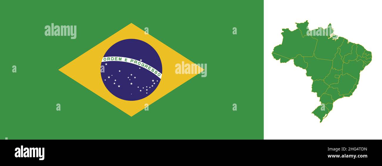 Brazil flag and map with regions states, blank Stock Photo