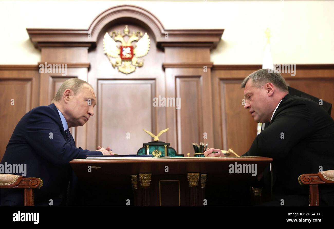 Moscow, Russia. 17th Jan, 2022. Russian President Vladimir Putin holds a face-to-face meeting with Astrakhan Region Governor Igor Babushkin, right, at the his Kremlin office, January 17, 2022 in Moscow, Russia. Credit: Mikhail Metzel/Kremlin Pool/Alamy Live News Stock Photo