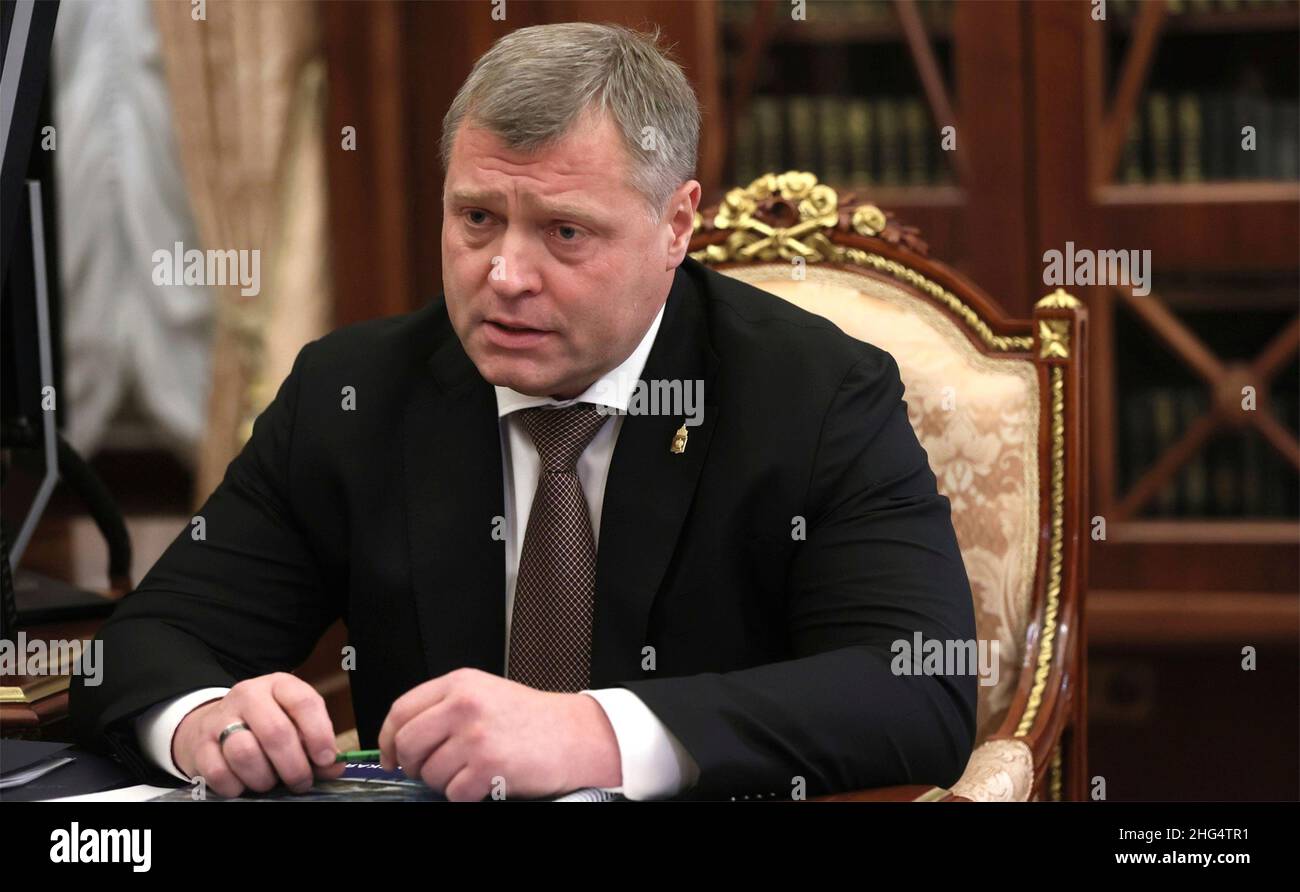 Moscow, Russia. 17th Jan, 2022. Astrakhan Region Governor Igor Babushkin during a face-to-face meeting with Russian President Vladimir Putin at the Kremlin, January 17, 2022 in Moscow, Russia. Credit: Mikhail Metzel/Kremlin Pool/Alamy Live News Stock Photo