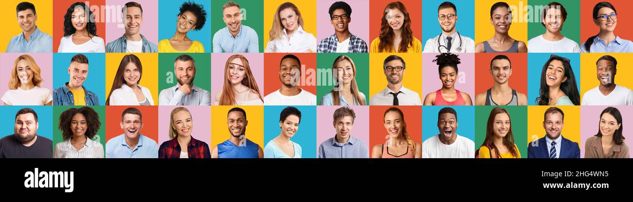 Set of diverse happy multiethnic male and female portraits over ...