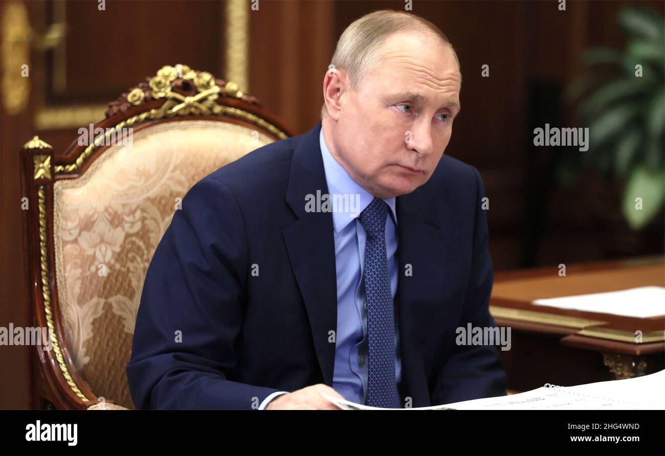 Moscow, Russia. 14 January, 2022. Russian President Vladimir Putin holds a face-to-face meeting with Governor of Perm Territory Dmitry Makhonin, at the his Kremlin office, January 14, 2022 in Moscow, Russia. Credit: Mikhail Metzel/Kremlin Pool/Alamy Live News Stock Photo