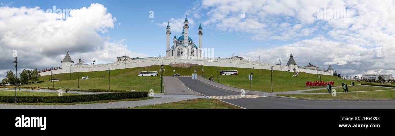 Kazan, Russia - September 21, 2019: Panorama exterior white and blue Kul Sharif Mosque with dark clouds in the background of the Tartastan, Russia. Stock Photo