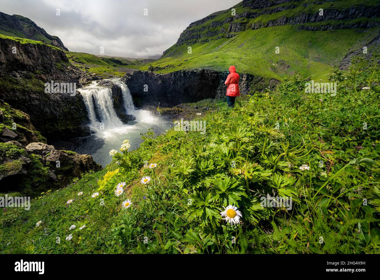 Waterfall at the gates of Okmok at Umnak, Aleutian Islands, Alaska Stock Photo