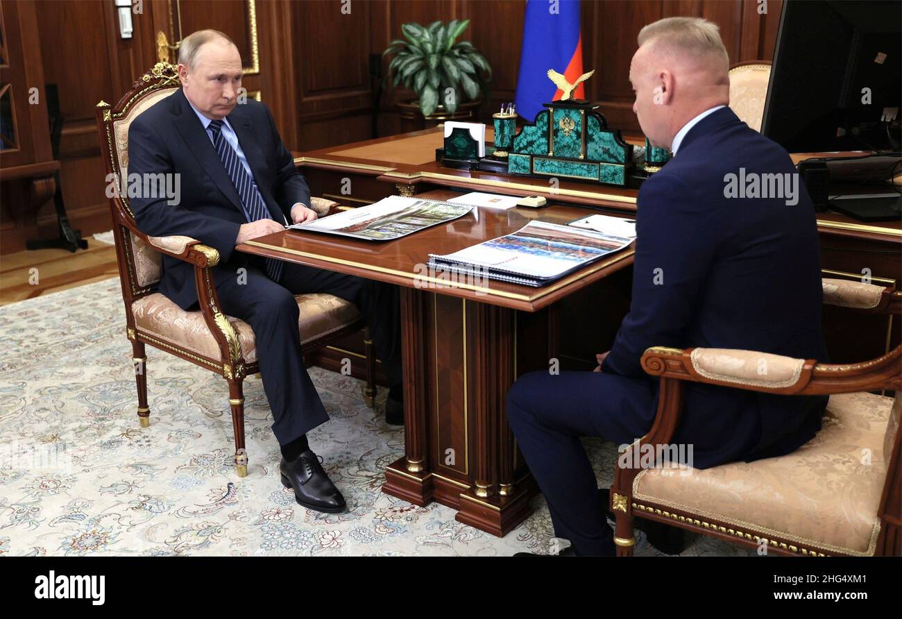 Moscow, Russia. 13 January, 2022. Russian President Vladimir Putin holds a face-to-face meeting with CEO of JSC United Chemical Company Uralchem Dmitry Mazepin, right, at the his Kremlin office, January 13, 2022 in Moscow, Russia. Credit: Alexei Nikolsky/Kremlin Pool/Alamy Live News Stock Photo