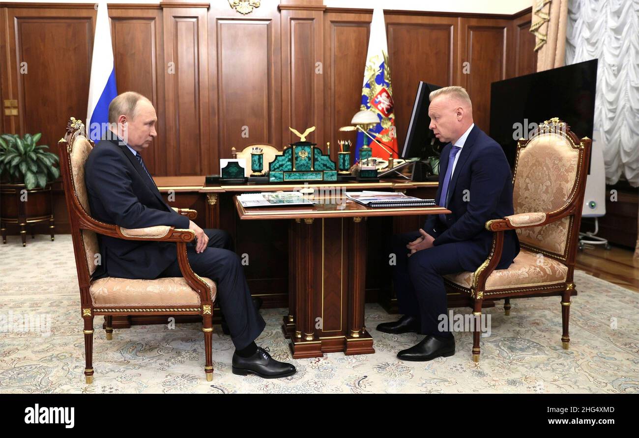 Moscow, Russia. 15 January, 2022. Russian President Vladimir Putin holds a face-to-face meeting with CEO of JSC United Chemical Company Uralchem Dmitry Mazepin, right, at the his Kremlin office, January 13, 2022 in Moscow, Russia. Credit: Alexei Nikolsky/Kremlin Pool/Alamy Live News Stock Photo