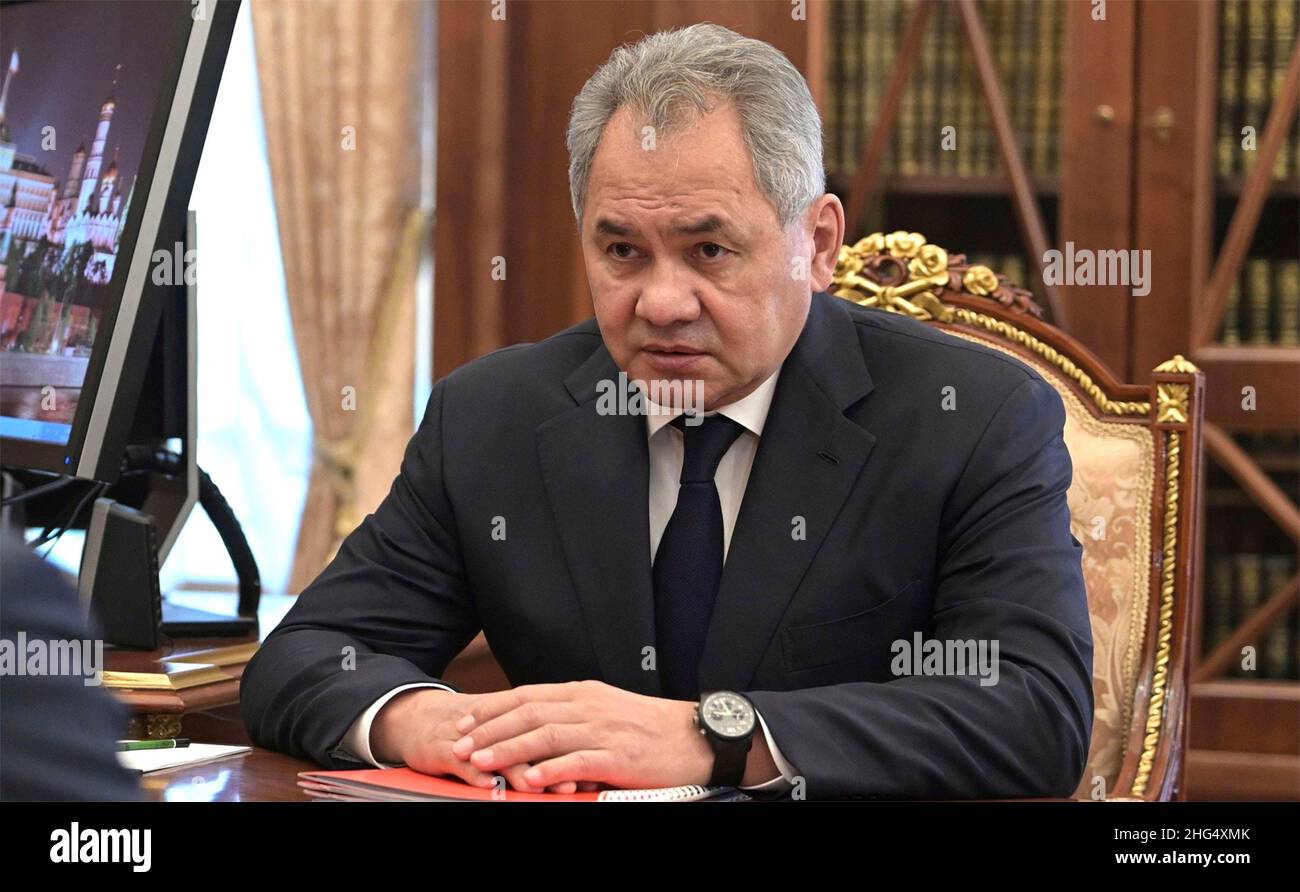 Moscow, Russia. 13 January, 2022. Russian Defence Minister Sergei Shoigu during a face-to-face meeting with President Vladimir Putin at the Kremlin, January 13, 2022 in Moscow, Russia. Credit: Alexei Nikolsky/Kremlin Pool/Alamy Live News Stock Photo