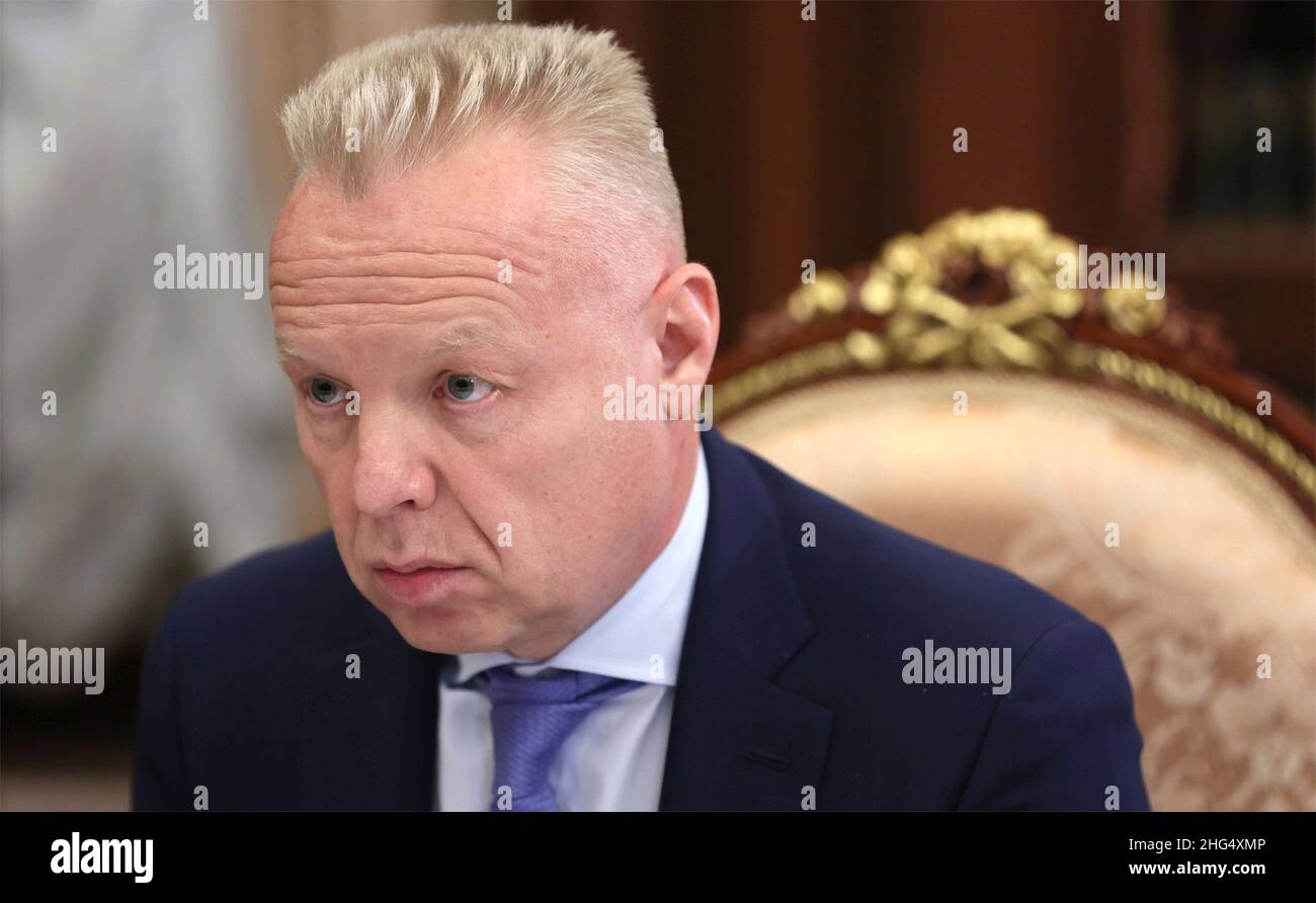 Moscow, Russia. 13 January, 2022. CEO of JSC United Chemical Company Uralchem Dmitry Mazepin during a face-to-face meeting with Russian President Vladimir Putin at the Kremlin, January 13, 2022 in Moscow, Russia. Credit: Alexei Nikolsky/Kremlin Pool/Alamy Live News Stock Photo