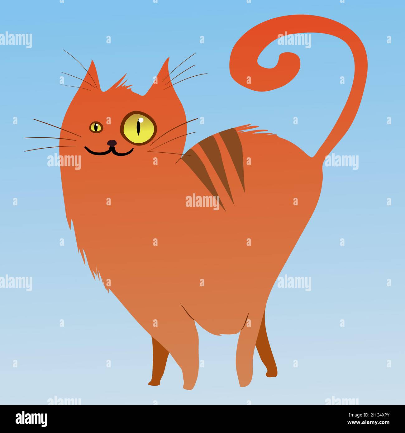 A cute vector drawing of a fat orange curvy cat. The animal has stripes on its back. He walks around very proudly with a curly tail. Stock Vector