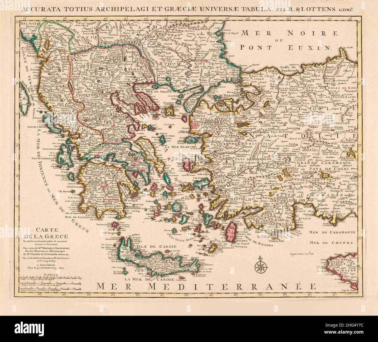 Map of Greece, its islands and neighbouring countries.  After an early 18th century map by Guillaume De L'Isle titled Accurata totius Archipelagi et Graeciae universae tabula.  From R. and J. Ottens,  Atlas sive Geographia compendiosa in qua Orbis Terrarum pacis attamen novissimis Tabulis Ostenditur. Stock Photo