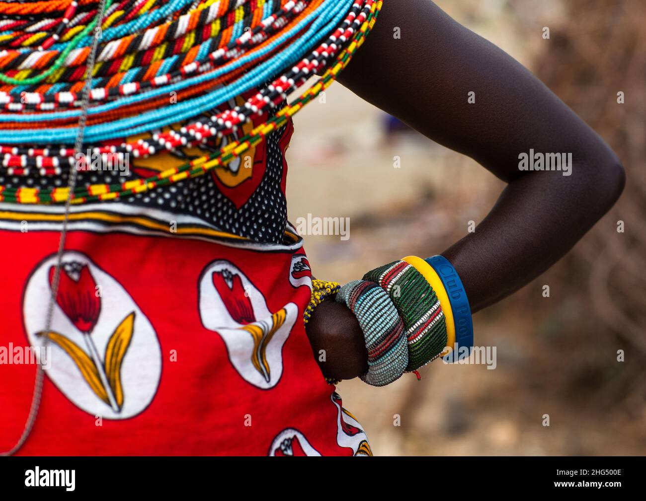 Samburu tribe woman with beaded bracelets and necklaces, Samburu County, Samburu National Reserve, Kenya Stock Photo