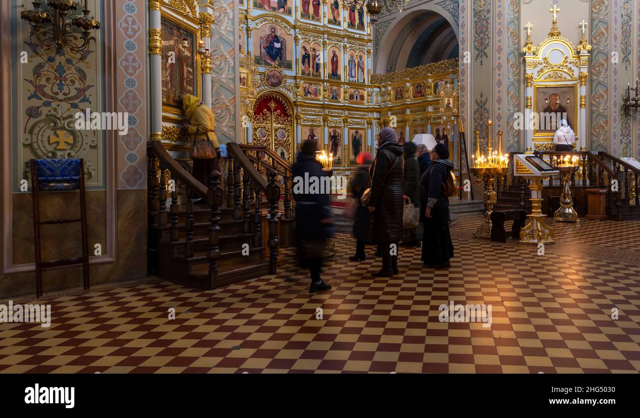 Svijzjsk Island, Russia - September 22, 2019: Monastery of Svijzjsk with Assumption Cathedral, interior of the church of the Holy Trinity with people Stock Photo