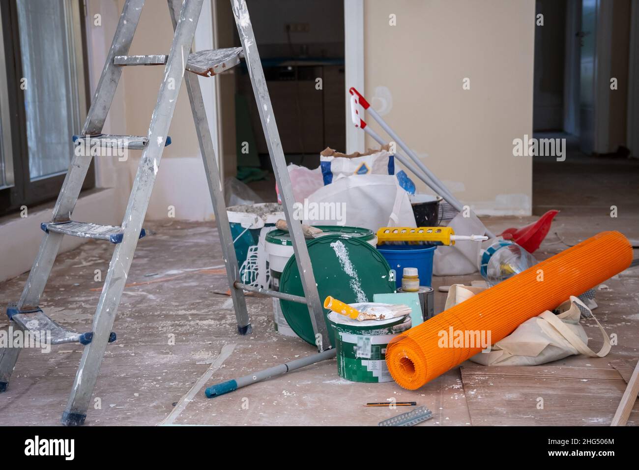 modification and remodelling home with all the necessary tools on the ground Stock Photo