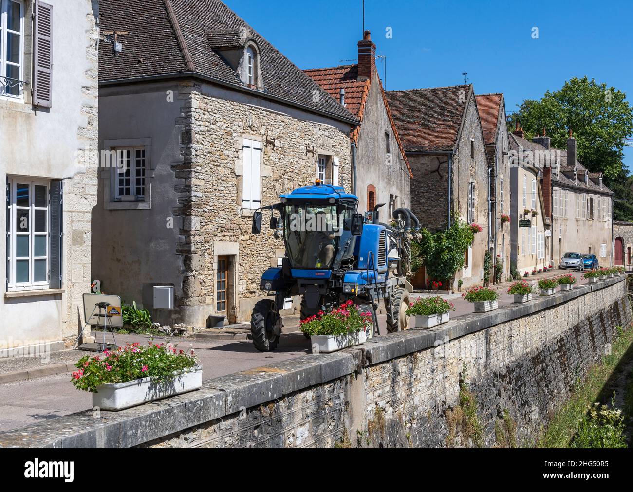 Volnay, France - June 30, 2020: Machine used on the vineyards in burgundy in picturesque village, France. Stock Photo