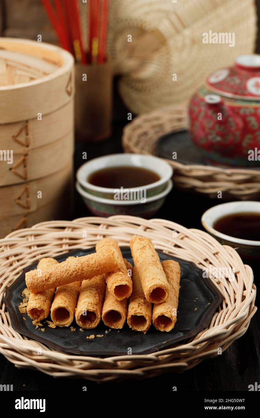 Chinese Waffle Egg Roll, Served with Chinese Tea Stock Photo Alamy