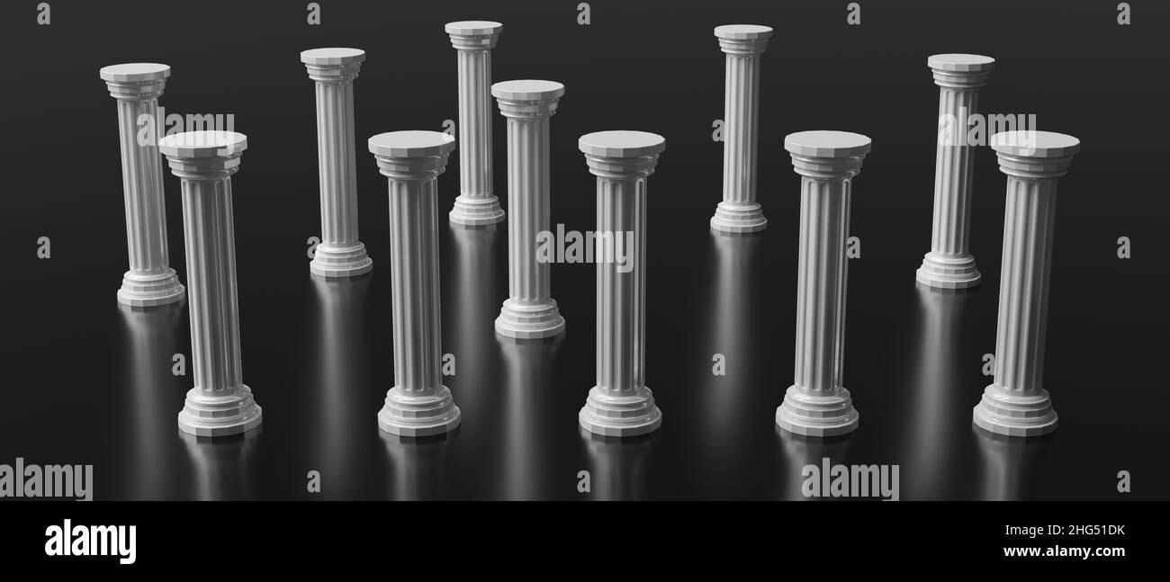Marble stone pillar on black color floor background. Column Ancient Greek classical style. 3d illustration Stock Photo