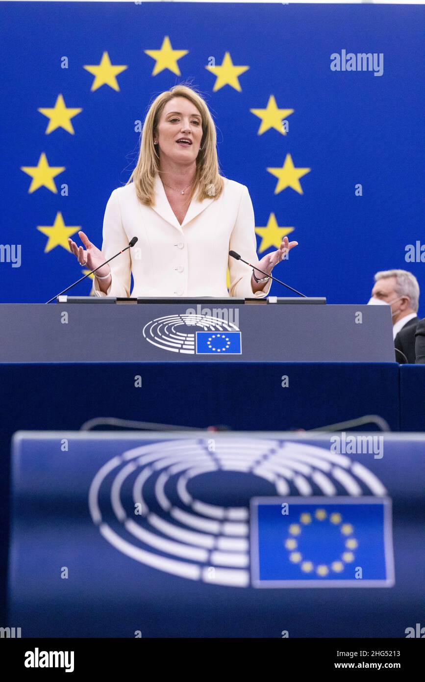 18 January 2022, France, Straßburg: Roberta Metsola (Partit Nazzjonalista), EPP Group, stands in the European Parliament building and speaks after her election as President of the European Parliament. Metsola was considered the favorite for the office and was already able to win in the first round of voting. Photo: Philipp von Ditfurth/dpa Stock Photo