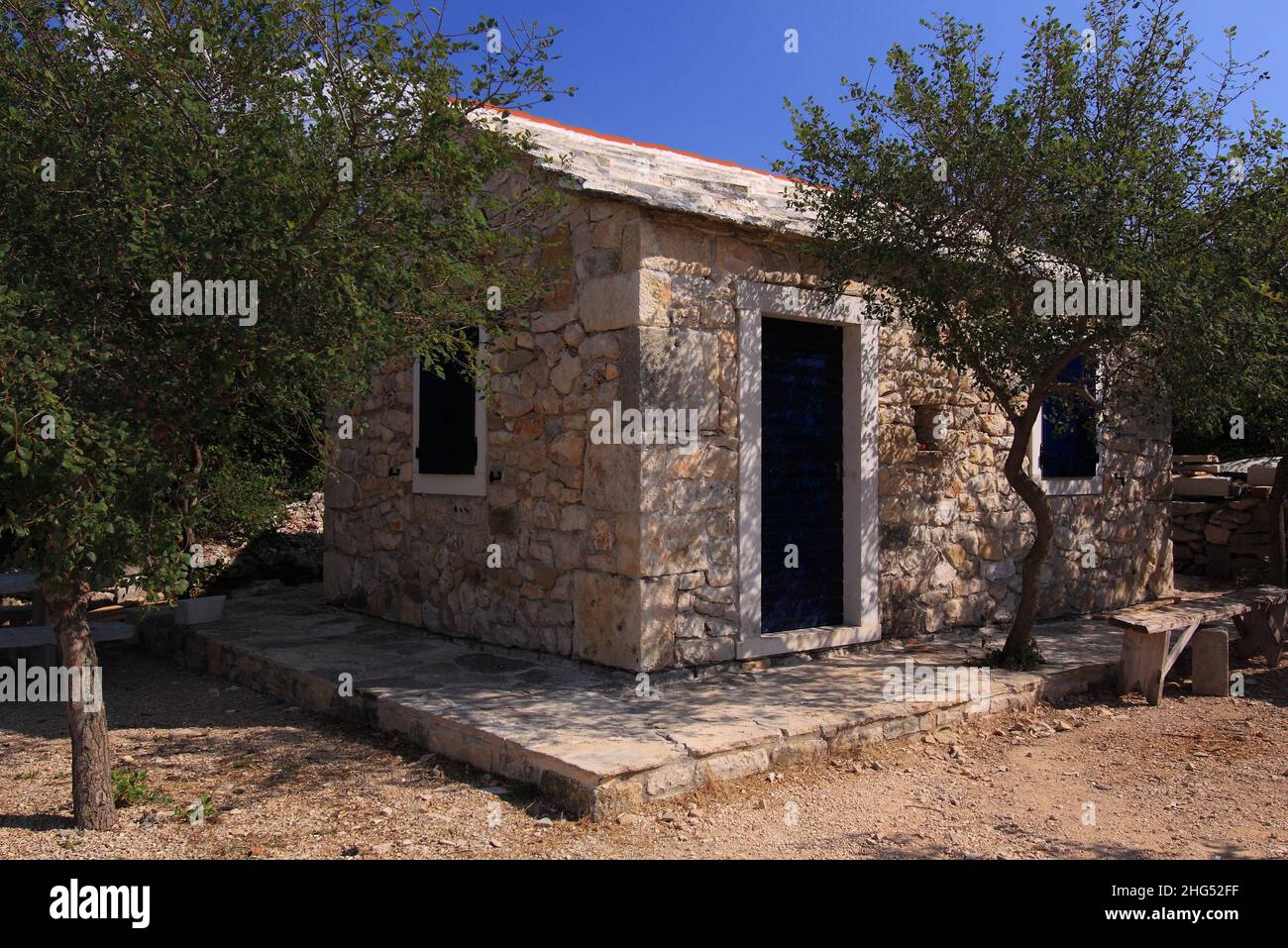 Stone hut at Lake Vransko near Pirovac in Croatia,Europe Stock Photo
