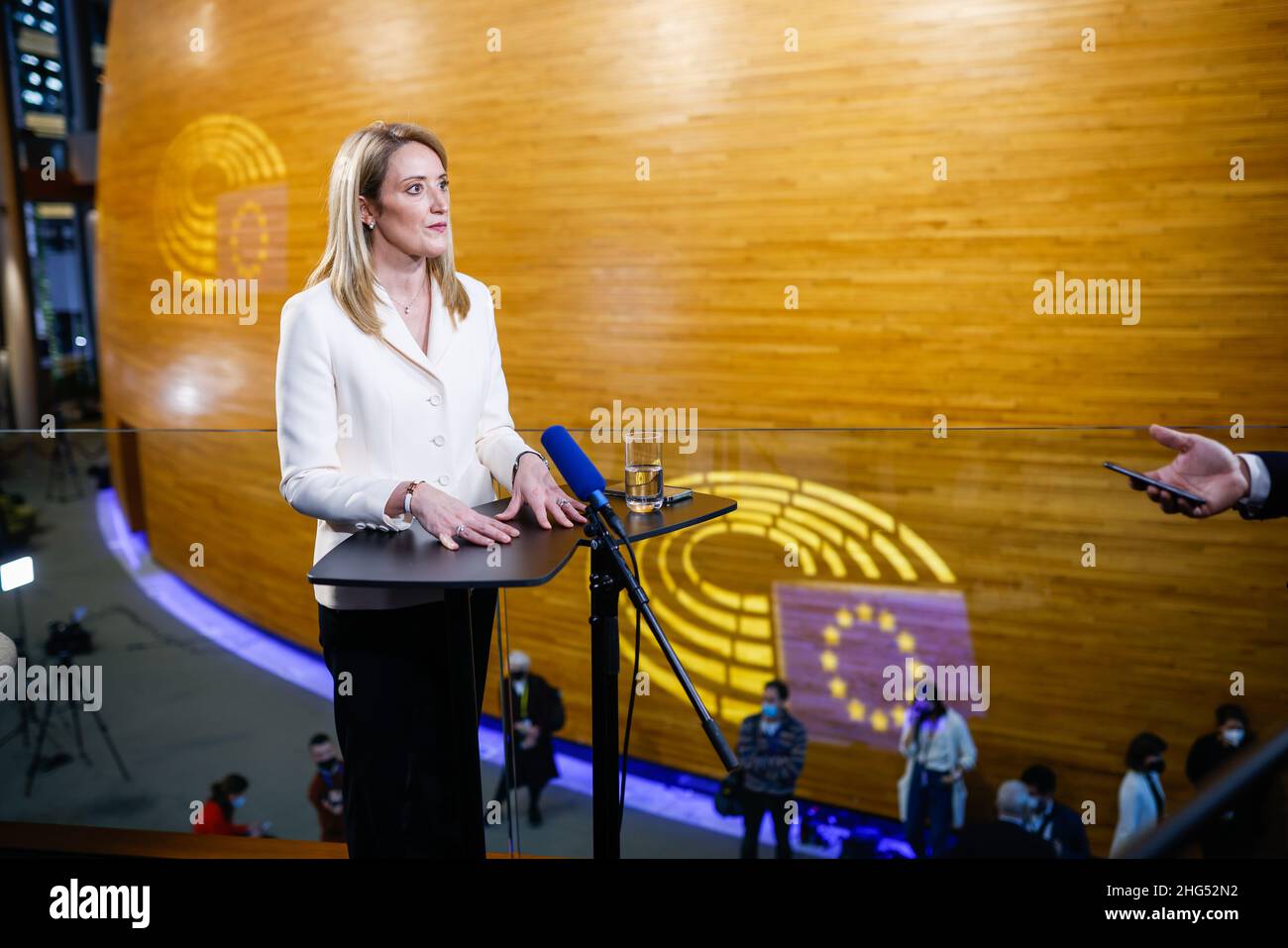 18 January 2022, France, Straßburg: Roberta Metsola (Partit Nazzjonalista), EPP Group, stands and speaks during an interview in the European Parliament building after her election as President of the European Parliament. Metsola was considered the favorite for the office and was already able to win in the first round of voting. Photo: Philipp von Ditfurth/dpa Stock Photo