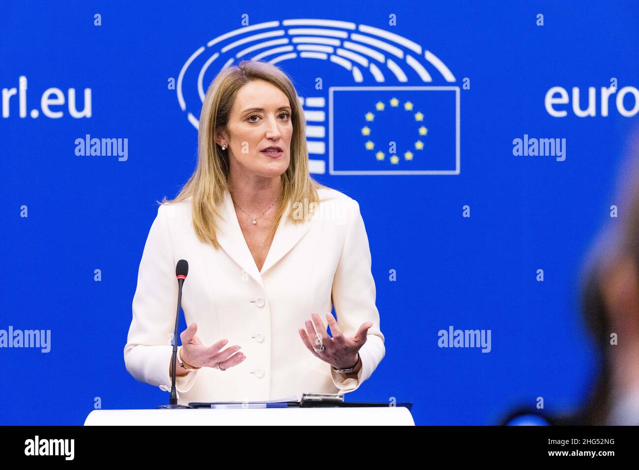 18 January 2022, France, Straßburg: Roberta Metsola (Partit Nazzjonalista), EPP Group, stands and speaks during a press conference in the European Parliament building after her election as President of the European Parliament. Metsola was considered the favorite for the office and was already able to win in the first round of voting. Photo: Philipp von Ditfurth/dpa Stock Photo