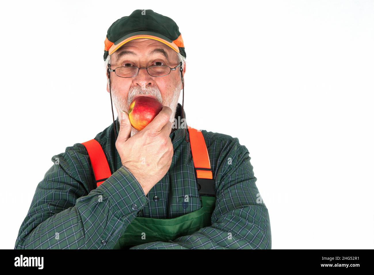 Friendly senior gardener in his green work clothes, bites heartily into a red and yellow apple. Eating fruit is healthy. Stock Photo