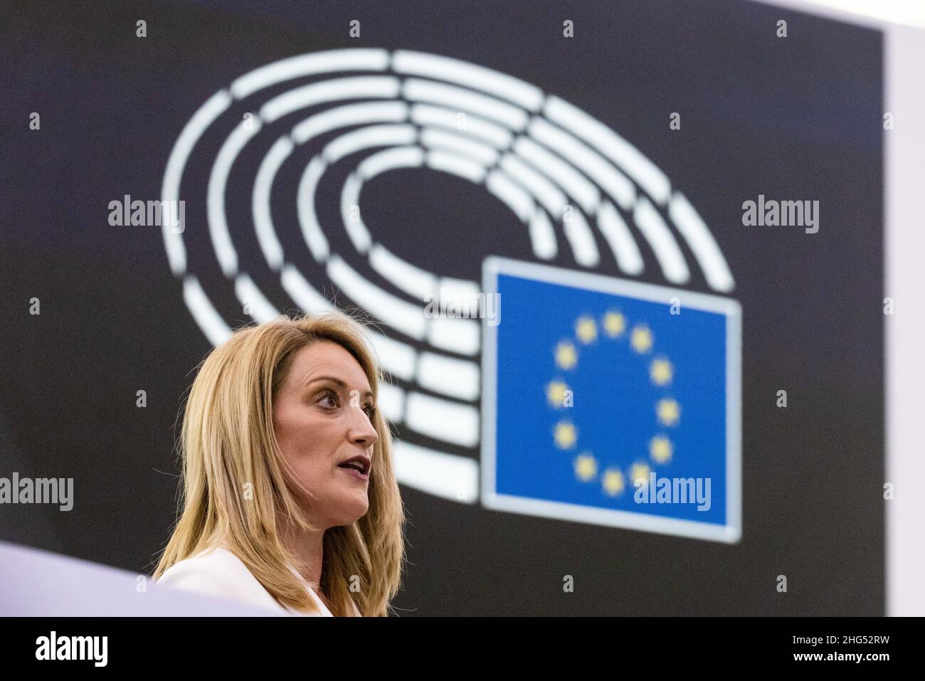 18 January 2022, France, Straßburg: Roberta Metsola (Partit Nazzjonalista), EPP Group, stands in the European Parliament building and speaks after her election as President of the European Parliament. Metsola was considered the favorite for the office and was already able to win in the first round of voting. Photo: Philipp von Ditfurth/dpa Stock Photo