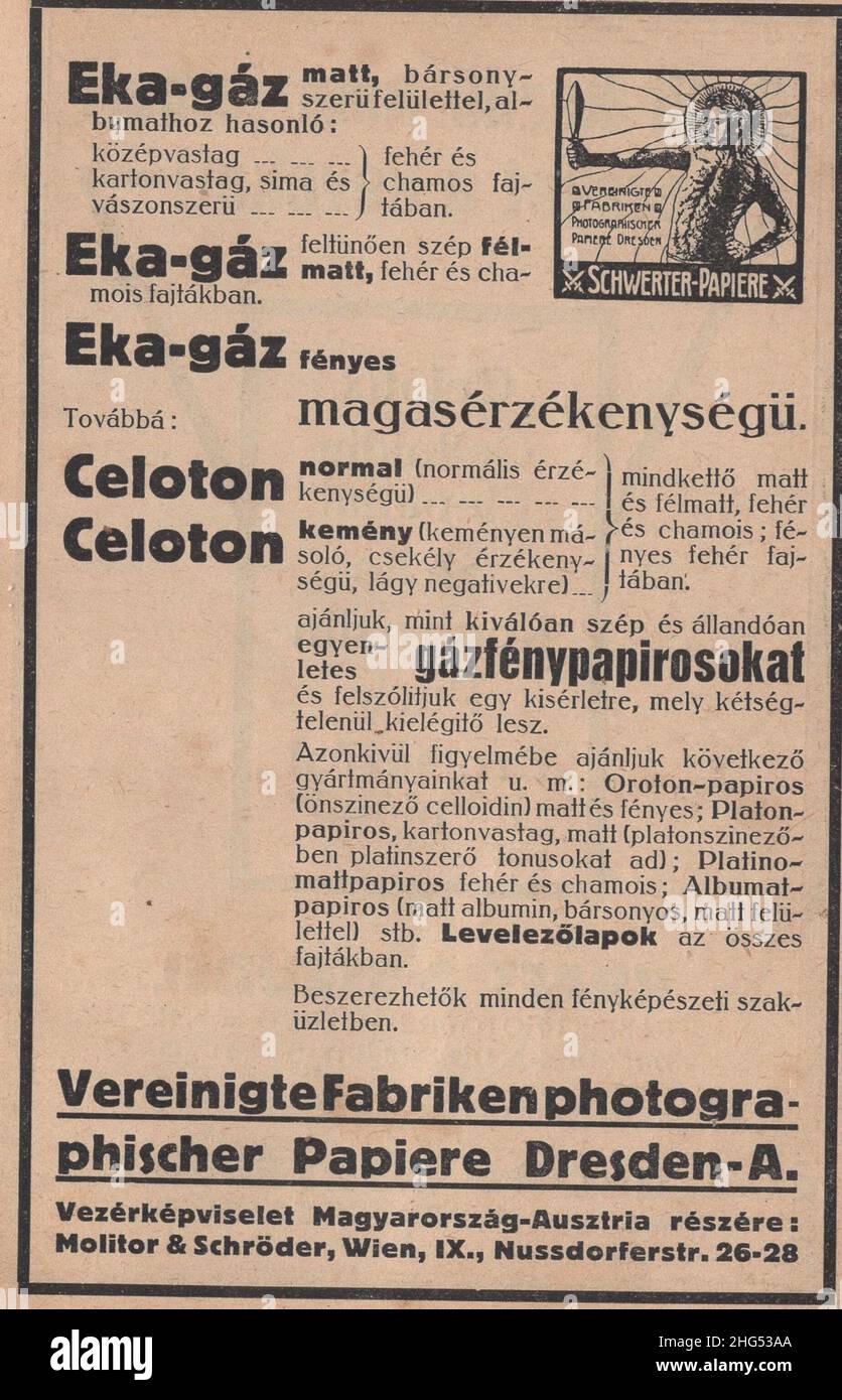 Antique rare photography book in hungarian language ' Magyar fényképészeti könyvtár: A fényképezés eljárásai és receptjei. írta: Dr. Schuller Aladár. A fény művészfényképezési folyóírat kiadása Budapest'.  This  book is from the 1910s actually at 1917 as Austro-Hungarian korona the currency.These photogarhy  advertisements are came from this book. There are variety of service providers adverts and world known brands hungarian department's. Vereinigte Fabriken Photograpischer Papiere Dresden / United Photographic Paper Factories Dresden. Additional-Rights-Clearences-Not Available Stock Photo