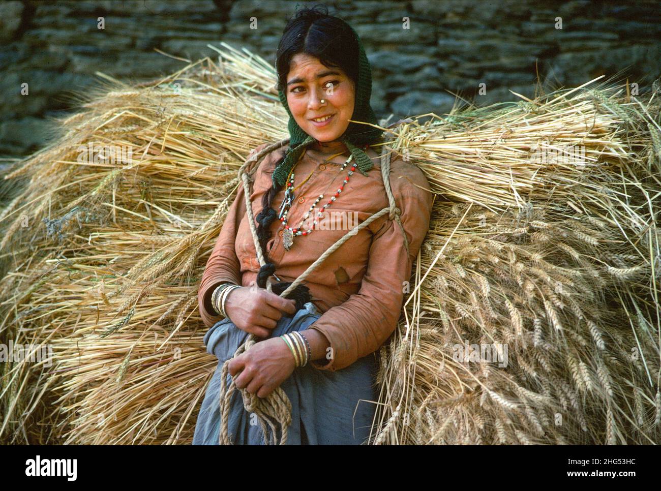 Shy and smiling young girl from the Jaunsari tribe resting whilst carrying sheaves of barley at harvest time. Uttarkashi, Garwhal Hima, N. India Stock Photo