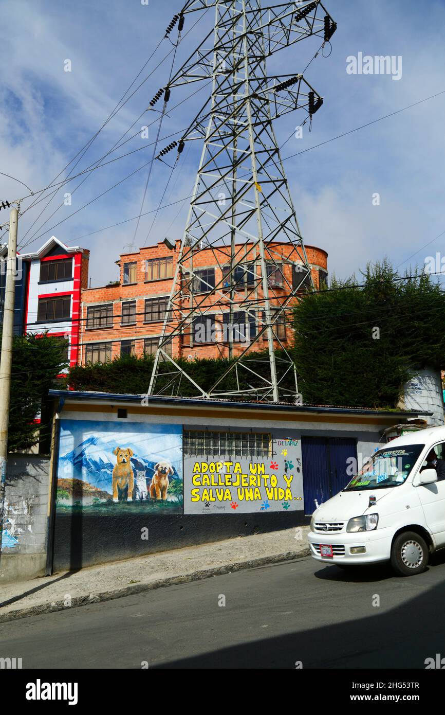 White minibus passing mural on exterior of building in Tembladerani district encouraging people to adopt stray animals as pets rather than buy new ones. Like many cities in Latin America, La Paz and neighbouring El Alto have large population of street dogs, many of which are abandoned pets and can be a health and safety hazard. The slogan translates as 'Adopt a stray and save a life'. La Paz, Bolivia Stock Photo