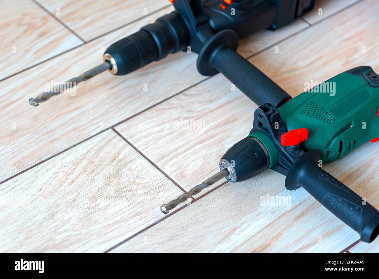 rotary hammer and a drill. percussion and drilling tools Stock Photo