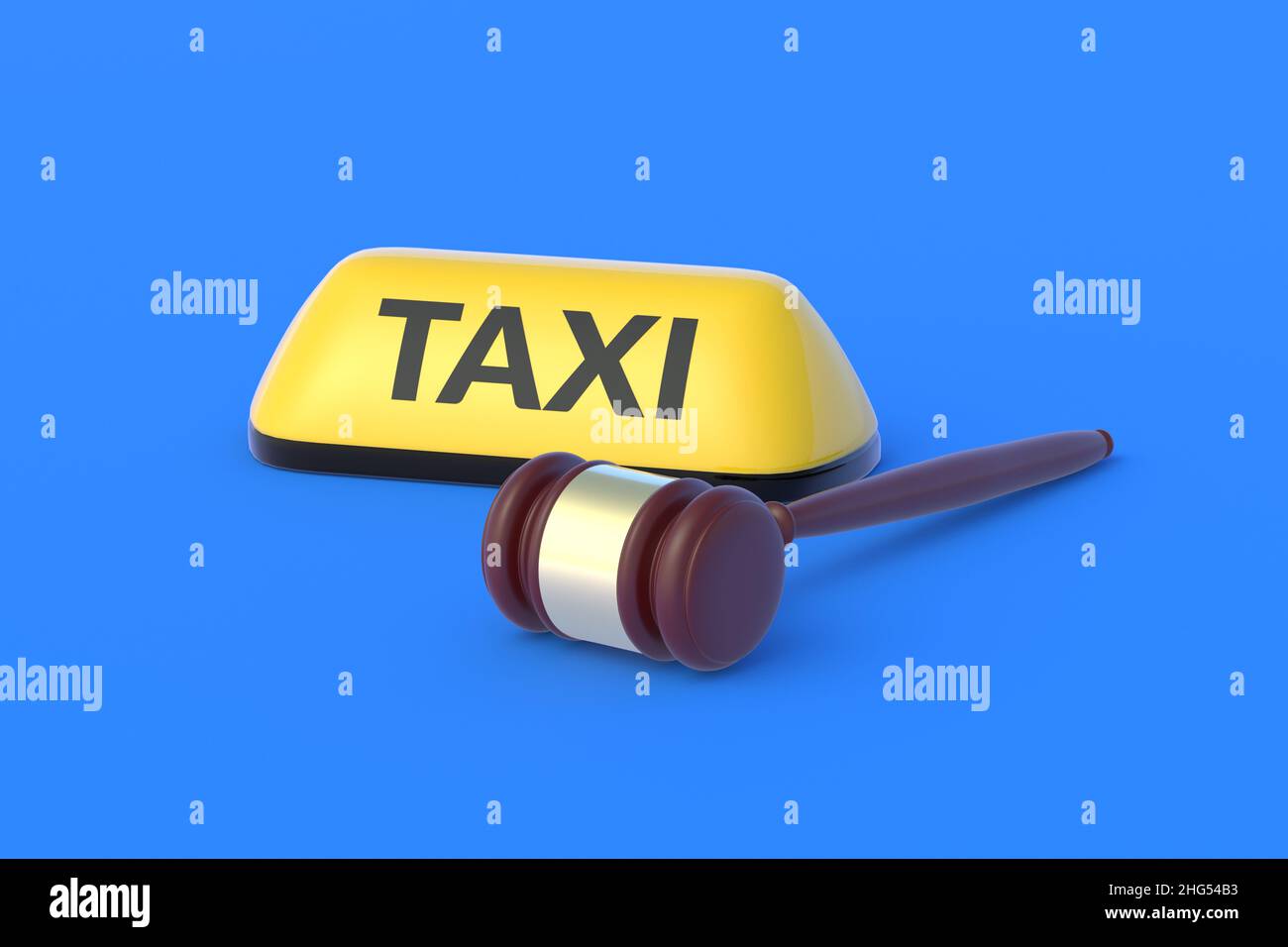 Yellow taxi sign near judge hammer. Work license. Rights and obligations of passengers. Violations of the rules. Responsibility for poor service. Comp Stock Photo