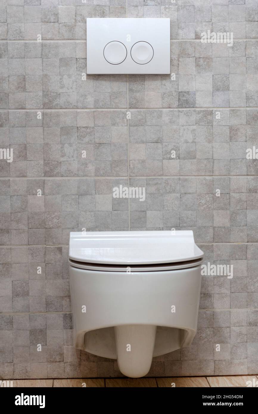 Toilet bowl button on the wall. Copy space. toilet with two separate